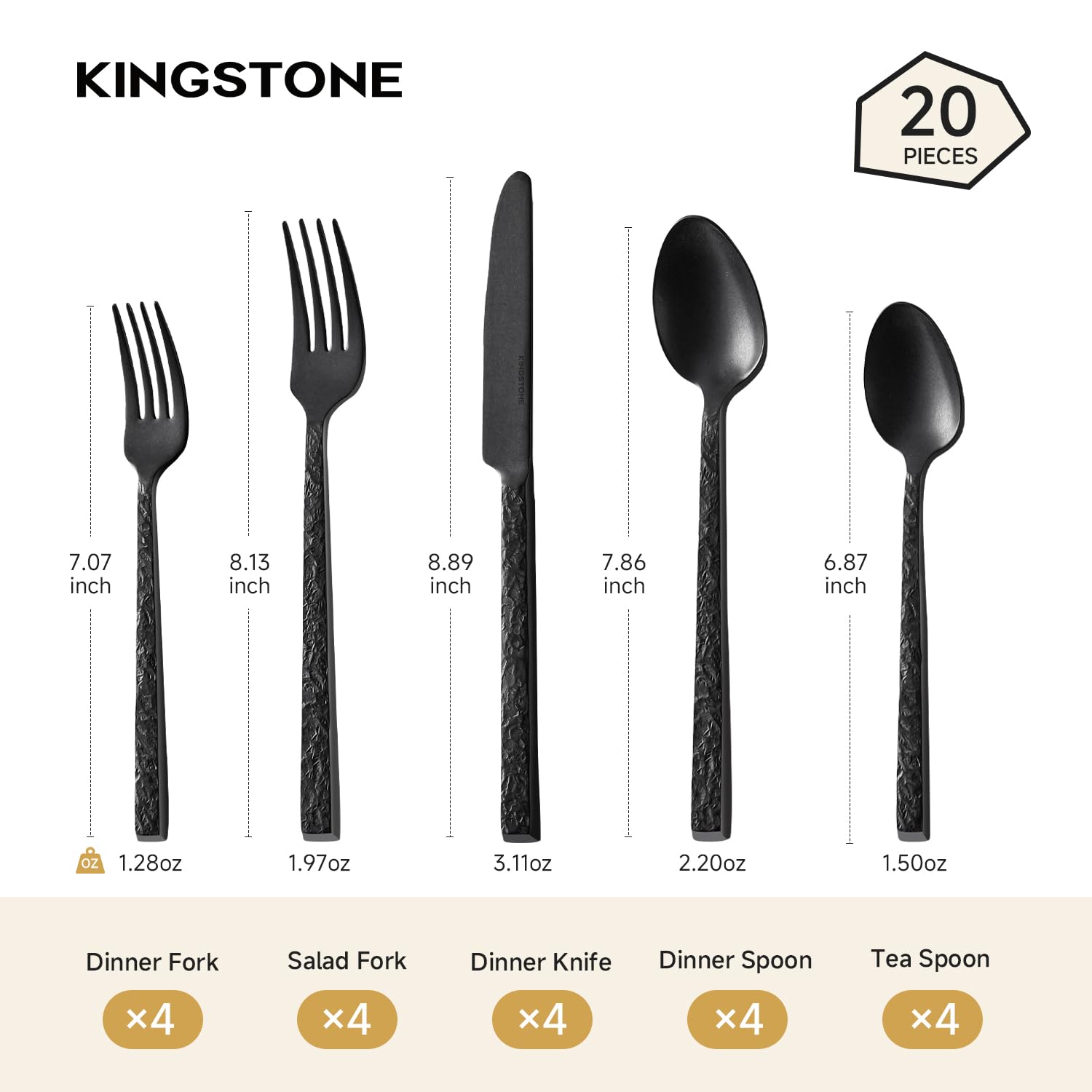 KINGSTONE Juego de cubiertos de acero inoxidable, juego de cubiertos, pulido con espejo, apto para lavavajillas (20)