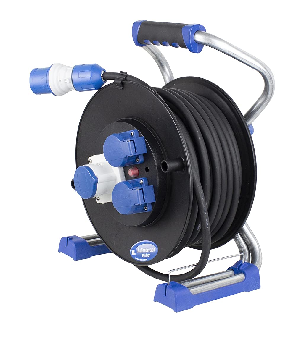 As - Schwabe Xperts - Avvolgicavo da campeggio, 25 m, per esterni, con spina CEE 230 V/16 A/3 poli, 2 prese Schuko e 1 presa CEE - IP44 - Made in Germany I 22176
