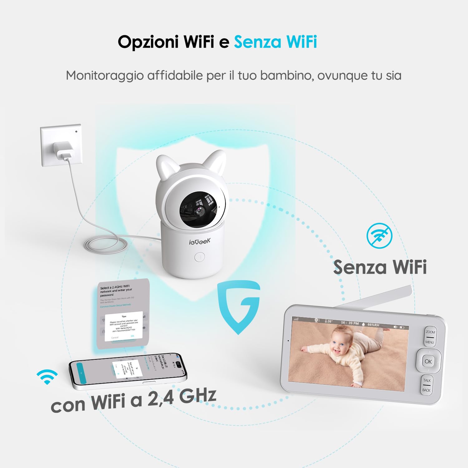 ieGeek Baby Monitor 1080P 5 Pollici Zoom 4x Rilevamento Movimento Suono Allarme Area Sicurezza Temperatura Umidità