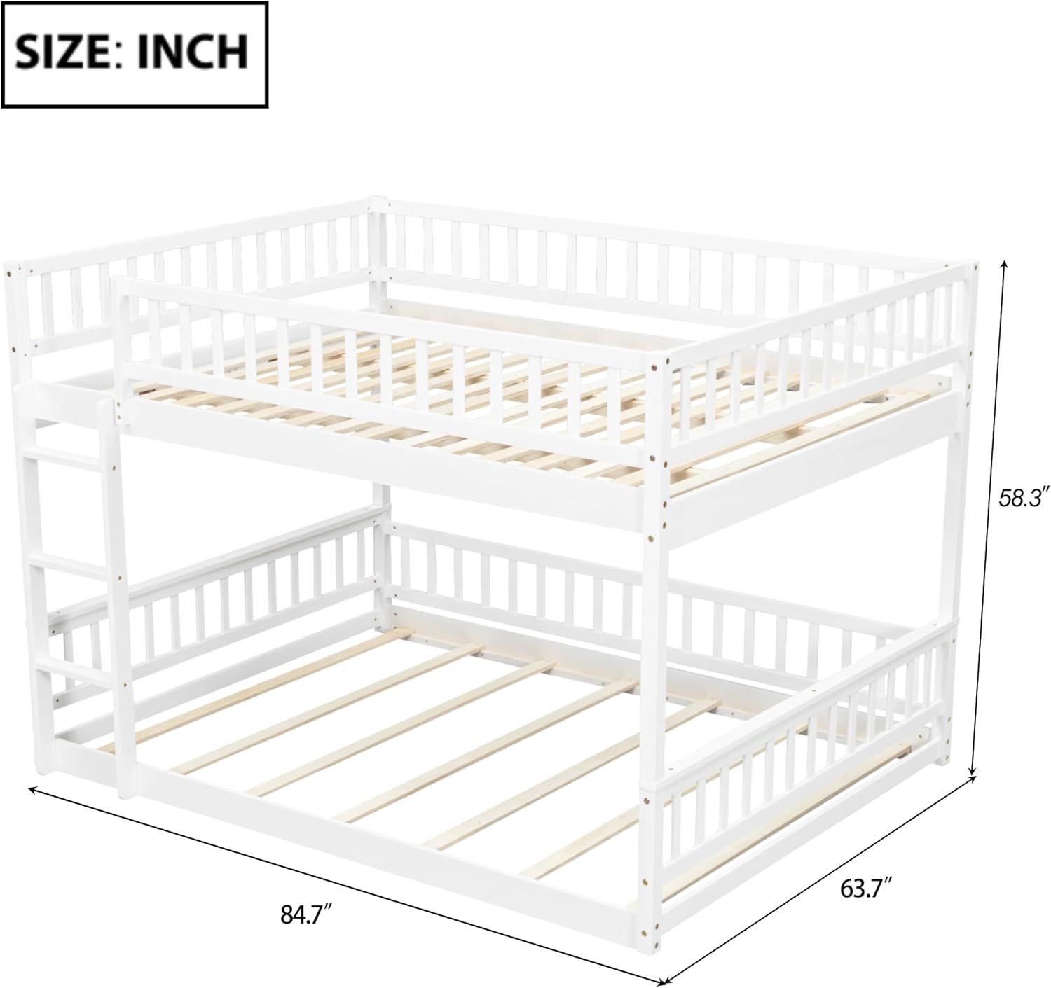LZ LEISURE ZONE Queen Over Queen Bunk Bed, Wood Bunk Bed with Ladder and Guardrails, No Box Spring Needed, White