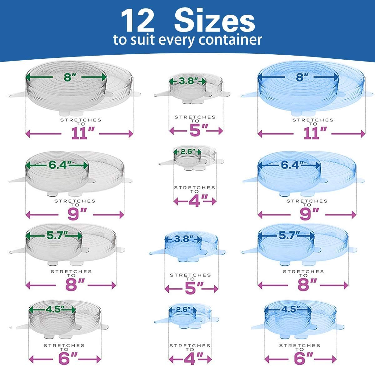 YAZJIWAN Silicone Stretch Lids, Durable & Eco-Friendly Elastic Lids Reusable Heat Resistant Various Sizes Cover for Bowl (Blue+white-12pack)