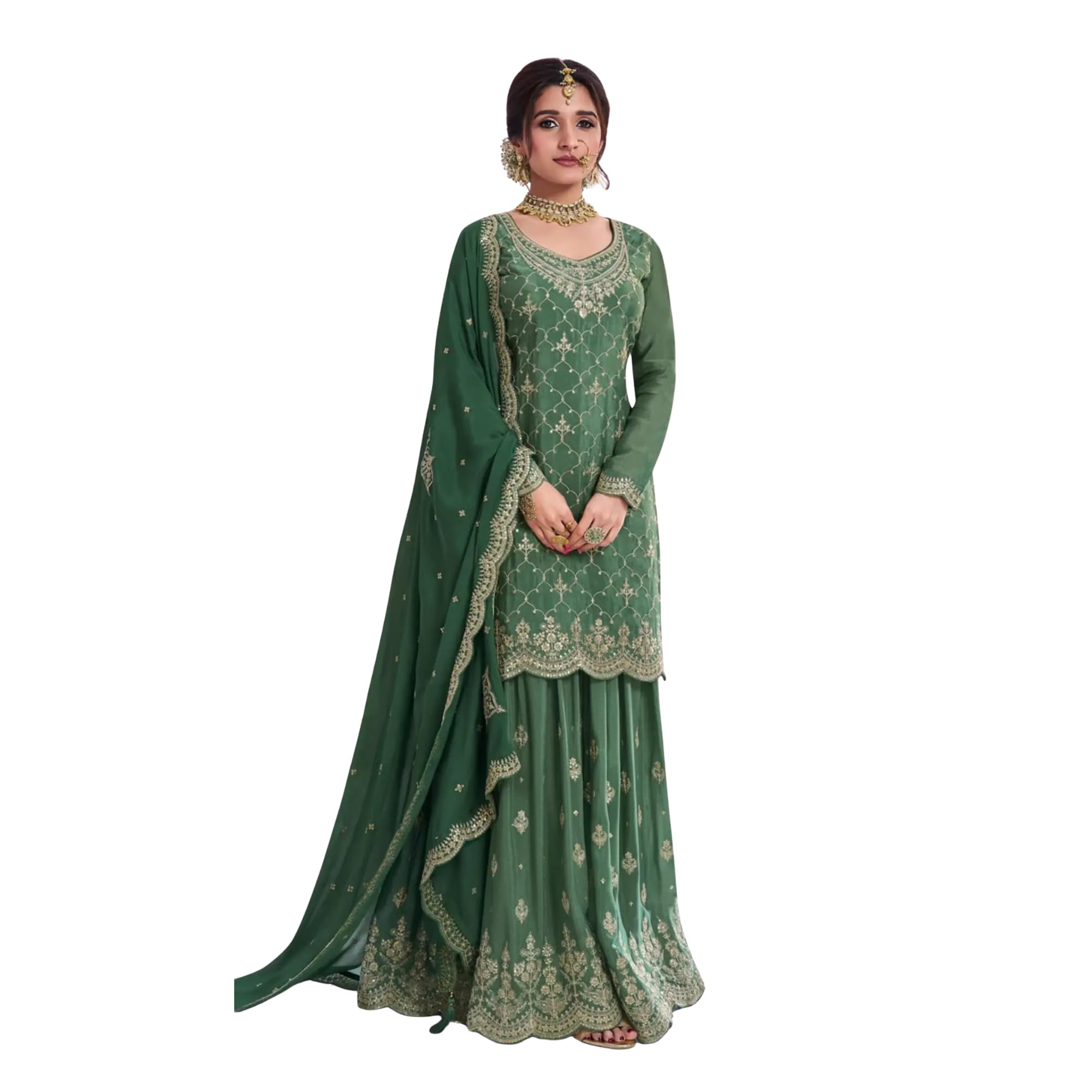 Damski ciemnozielony czysty chinon haftowany kostium Sharara z Dupatta