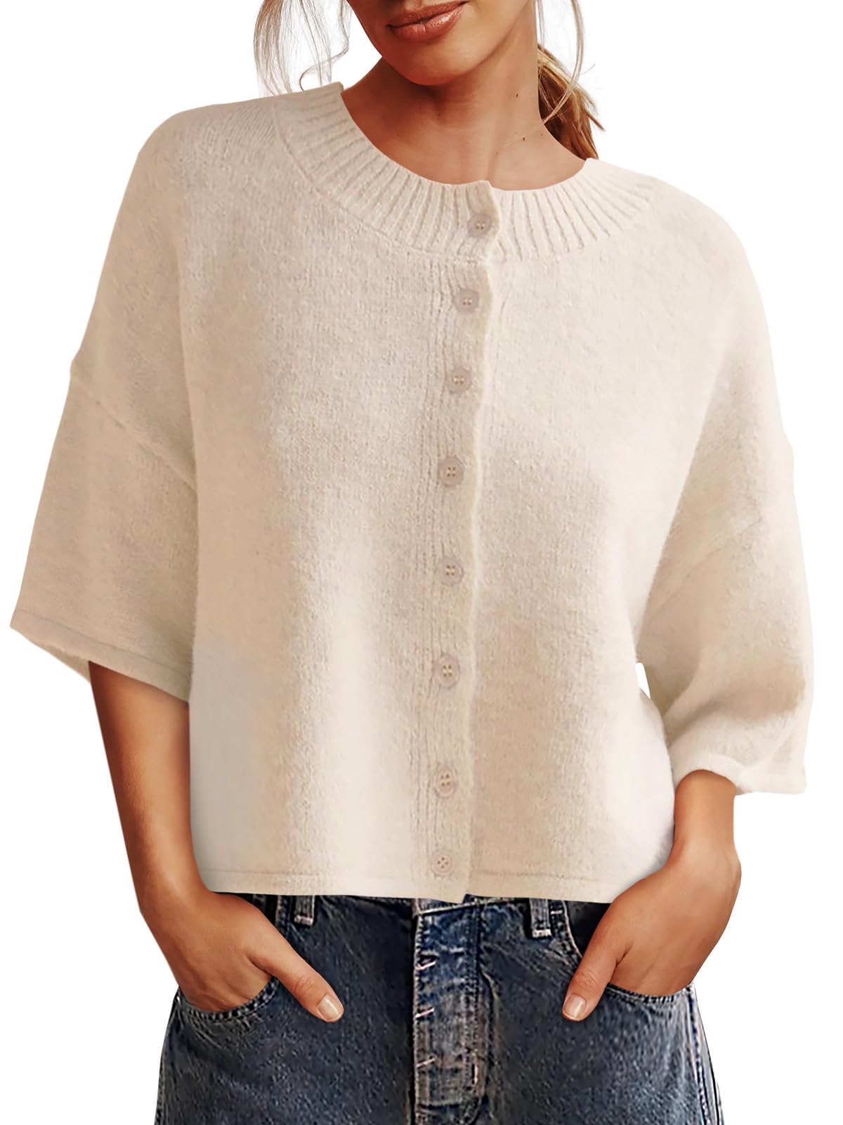 Saodimallsu Womens 3 4 Sleeve Cardigan Sweater Button Down Cropped Crewneck Cardigan 2025 Fall Casual Knit Tops