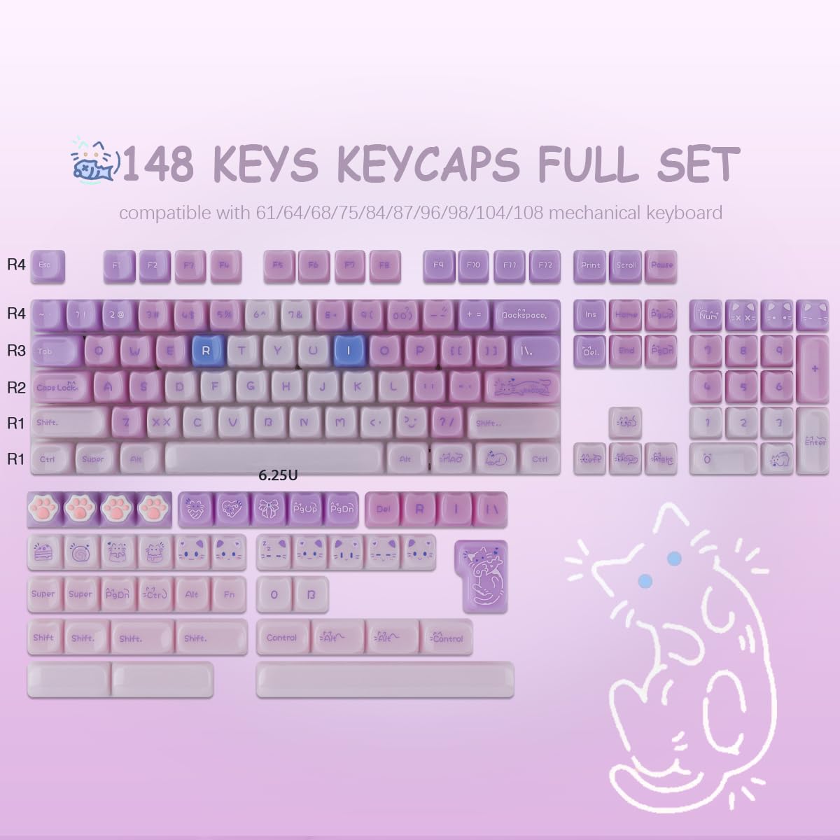Ceramic Jade Purple Cat Keycaps, 148 Keys Translucent Creamy Jelly Cute Keycaps Mao Profile Custom Keycap for Cherry Gateron MX Swithes Mechanical Keyboards
