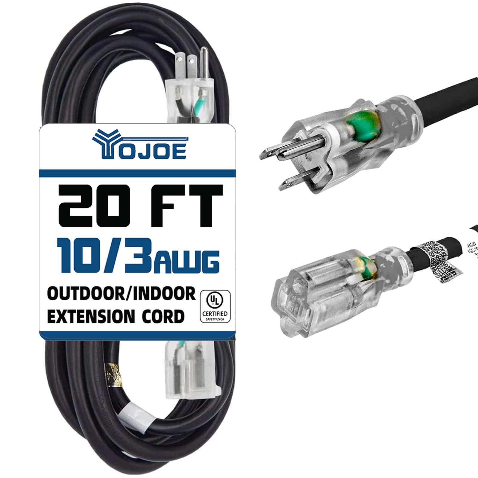 YOJOE Indoor Outdoor Extension Cord with Lighted End 20 ft Black