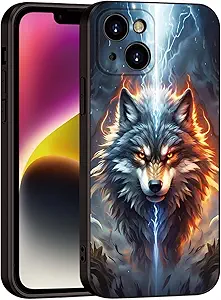 Printed with Wolf for iPhone 15 case, A Fusion of The Elements of Lightning and Flame Wolf Silicone Soft Shockproof Case - Lone King (A1-Wolfs-Anima)