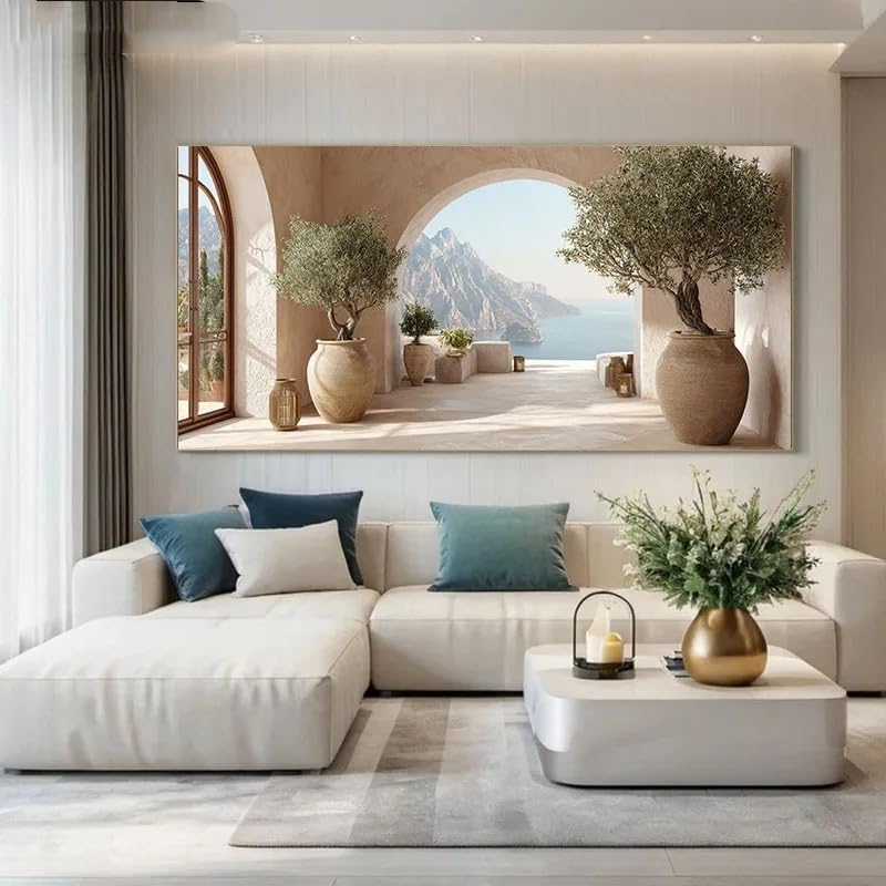 SDVIB Modernes Küstenmotiv mit Meer und Olivenbäumen auf Leinwand – rahmenloser mediterraner Leinwanddruck für die Wohnzimmerdekoration (90 x 180 cm/rahmenlos)