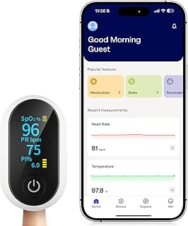 Bluetooth Pulse Oximeter Fingertip, Smart Blood Oxygen Saturation Monitor with App for Sports & Aviation, Accurate SpO2 & Heart Rate Reader with Full OLED Screen, Perfusion Index, Batteries Included