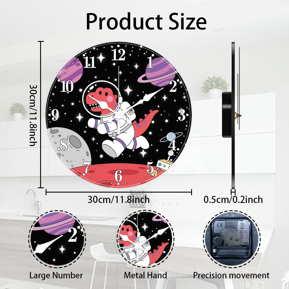 CHGCRAFT Dinosaur Astronaut Pattern Wall Clock Planet Non-Ticking Clock 12 Inch Round Decorative Clocks Printed Wall Clocks for Home Office Decoration - Image 2