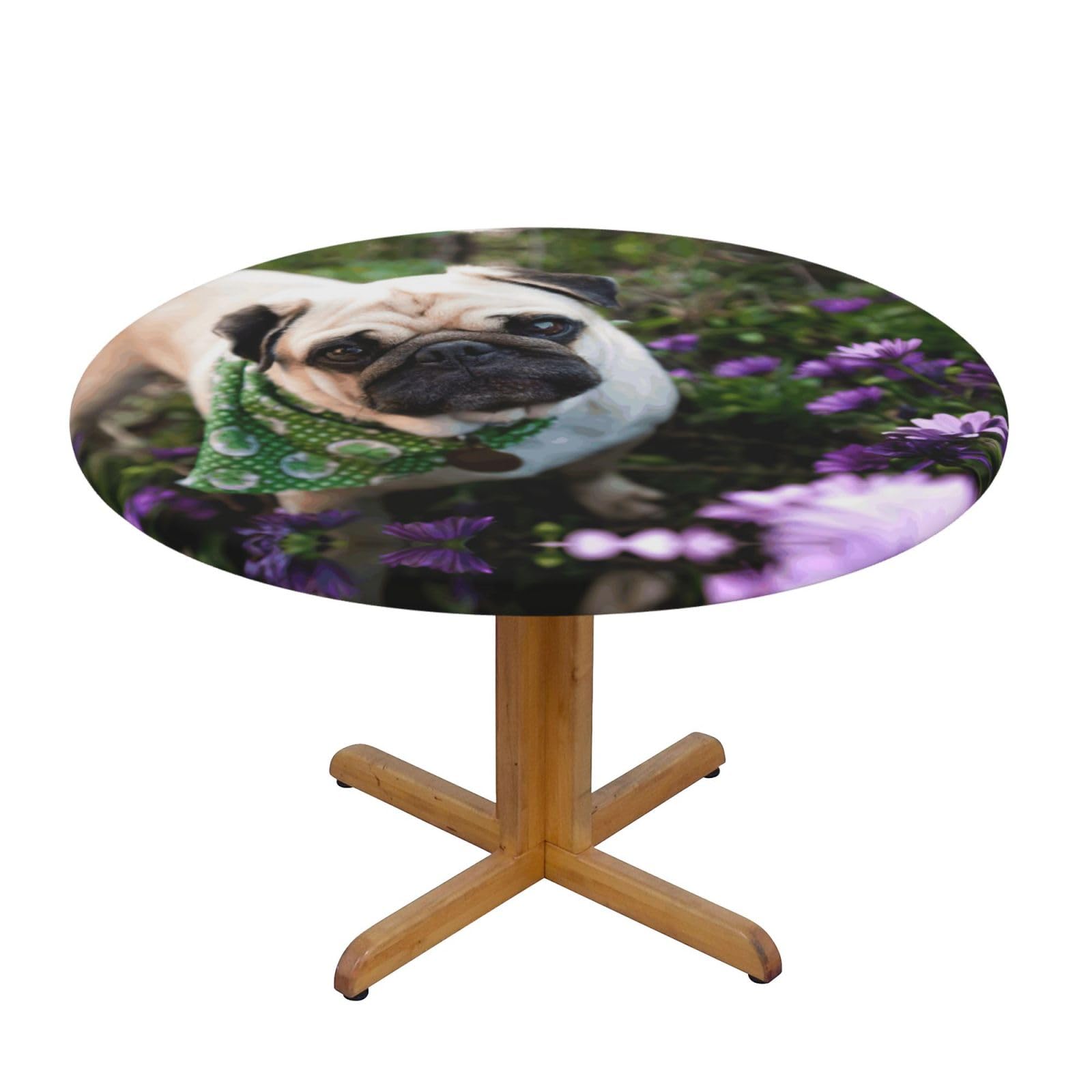 DUWAA Pugs In The Garden Print Oxford Fitted Table Cover For Patio Picnic, Waterproof Round Tablecloth For Home And Outdoor