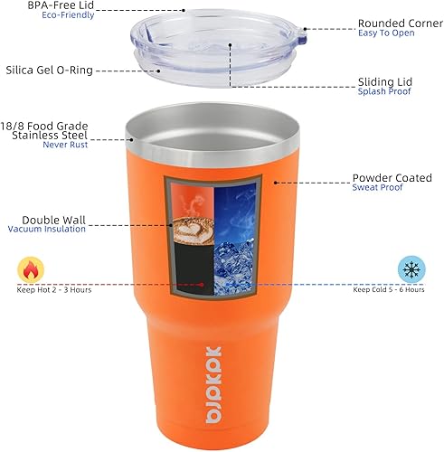 Miniatura 2 de BJPKPK - Vaso aislado con tapa abatible transparente y pajilla, reutilizable, de acero inoxidable, de 30onzas, para viajes, color naranja