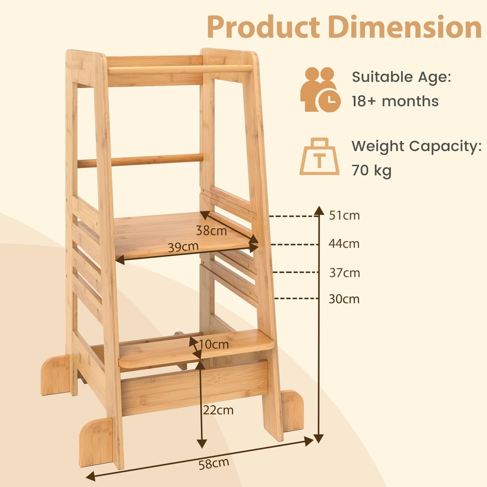 GYMAX Taburete para niños, Soporte de Cocina de bambú con Plataforma Ajustable en Altura y riel de Seguridad, Torre de Aprendizaje de Madera para baño, guardería
