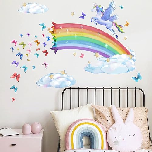 Miniatura 2 de Runtoo Calcomanías artísticas de pared de arco iris, unicornio, mariposa, nubes, calcomanías de pared para bebé, guardería, niñas, dormitorio, sala