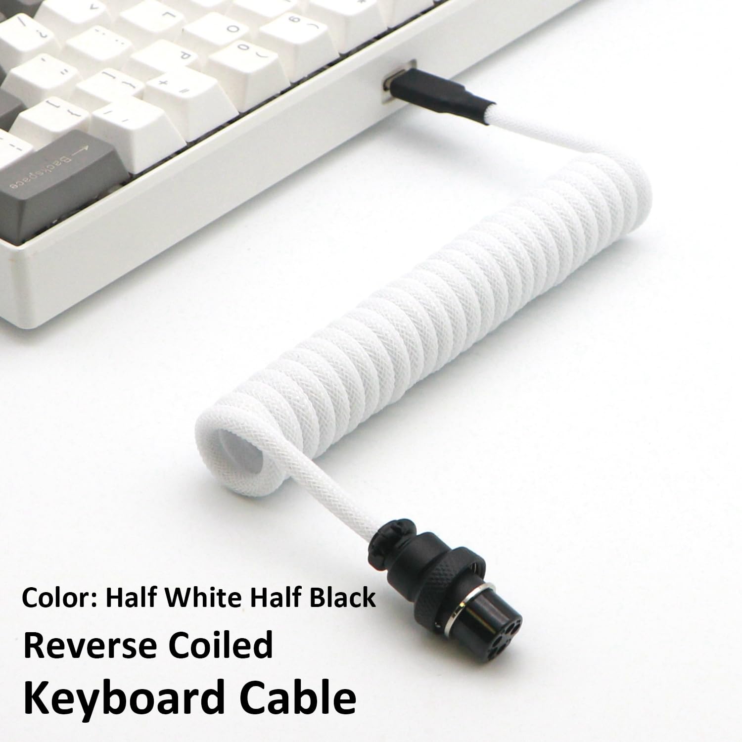 Reverse Coiled USB-C Keyboard Cable, Double-Sleeved Mechanical Keyboard Cable with Detachable Metal Aviator, 1.5M USB-C to USB-A (Half White Half Black)