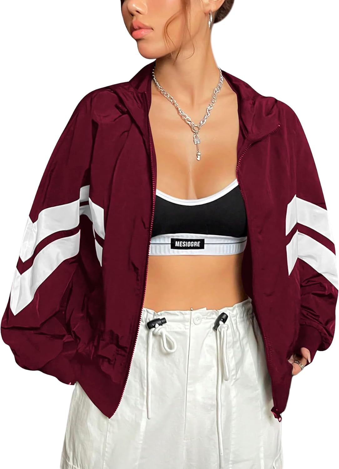 Verdusa Women's Color Block Zip Up Hooded Jacket Outerwear Loose Windbreaker Jackets