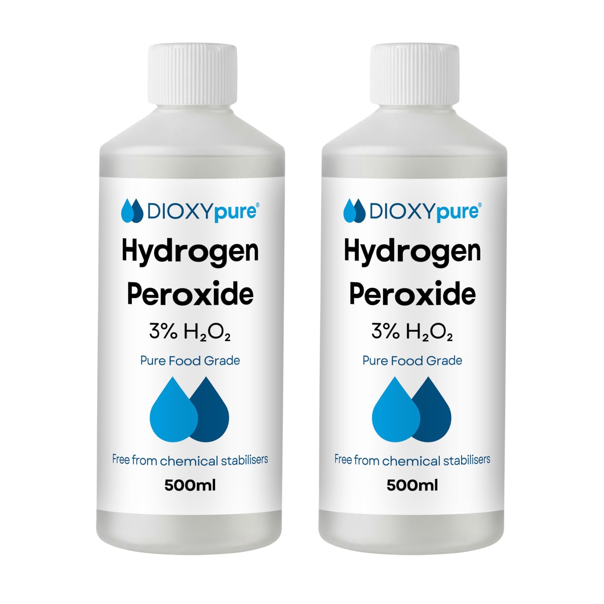 Paquete de 2 - Peróxido de Hidrógeno de Grado Alimenticio al 3% - 2 x 500 ml - H₂O₂ - Agua Oxigenada - Sin Estabilizadores ni Aditivos - Limpiador Multiusos Natural - Tapa a Prueba de Niños