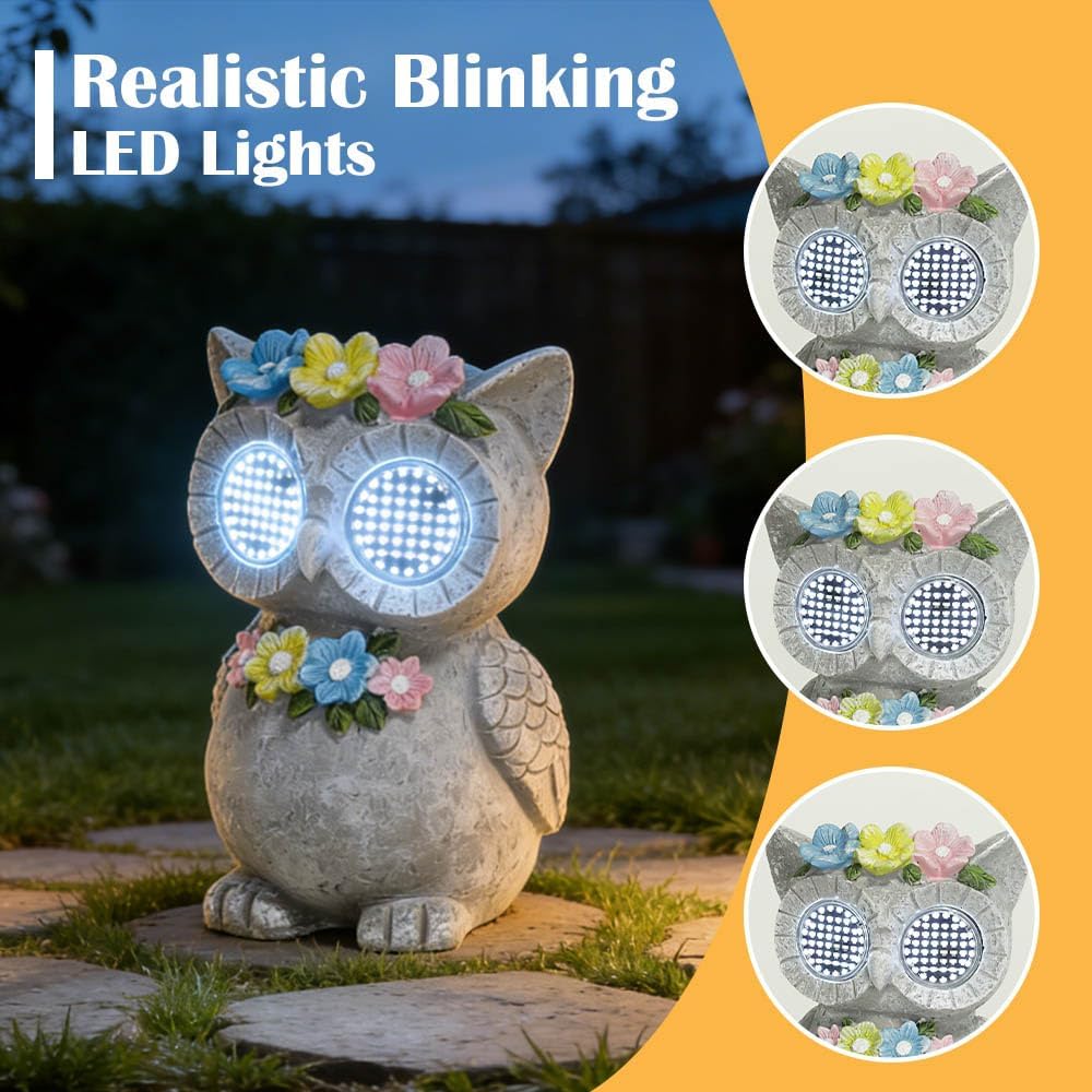 Outdoor Solar Garden Statue, Dynamic LED Light with Flower Sculpture, Art Decor for Patio Porch Lawn Backyard, Housewarming Gifts for Women (Stone Owl)