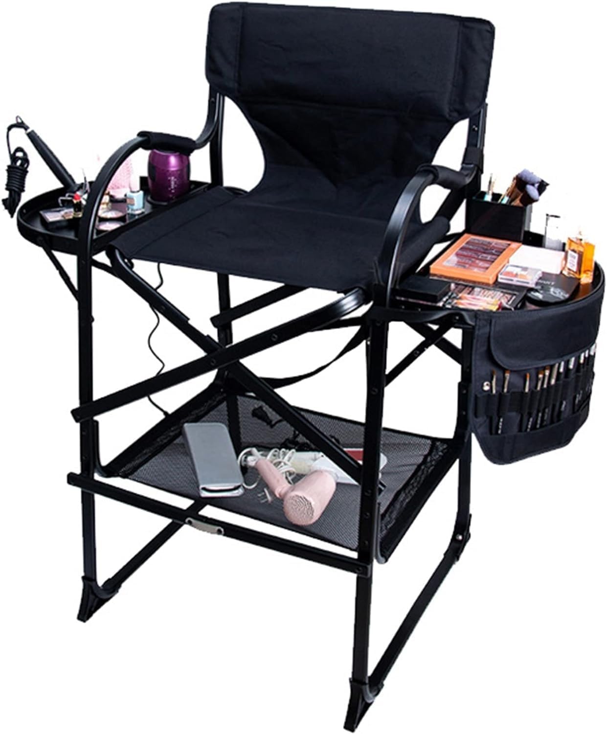 Folding Makeup Artist Chair, Aluminum High Director's Chair, Camping Heavy Duty Folding Barstool with Side Table Cup Holder Storage Bag, Supports 600 Lbs Weight Camping Chair
