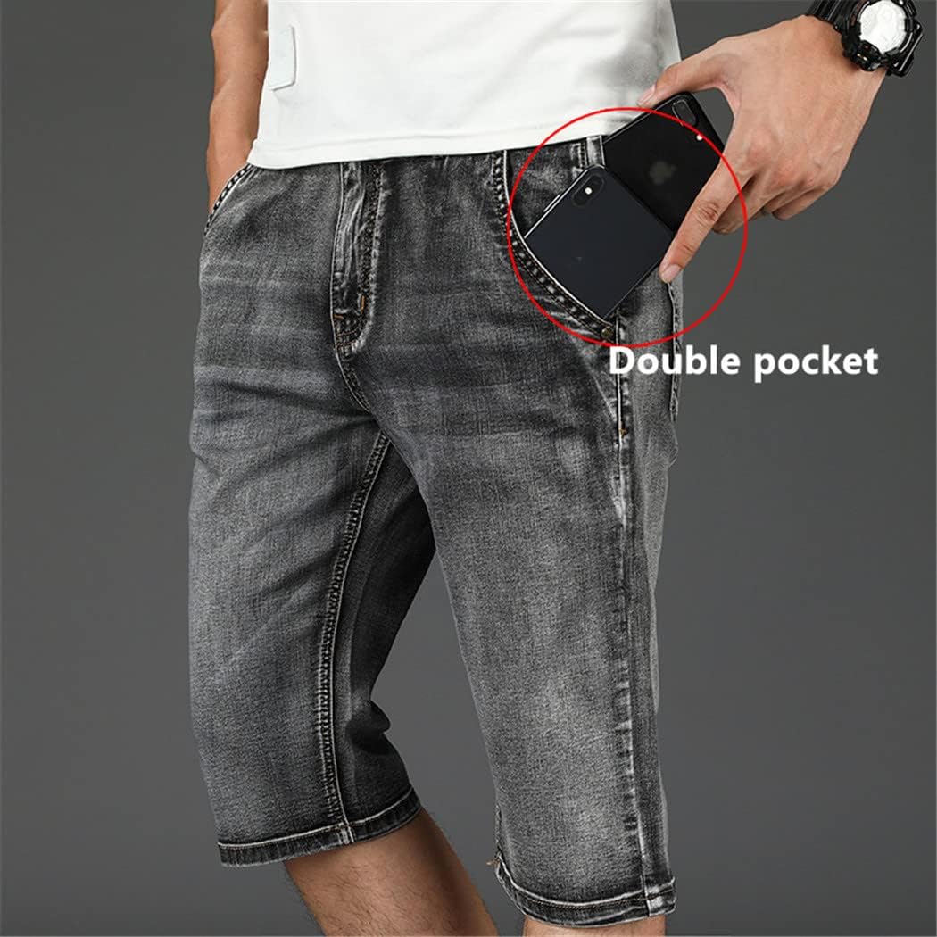 KEHAIOO Summer Men's Zipper Jeans Shorts Casual Straight Gray Elastic Denim Short