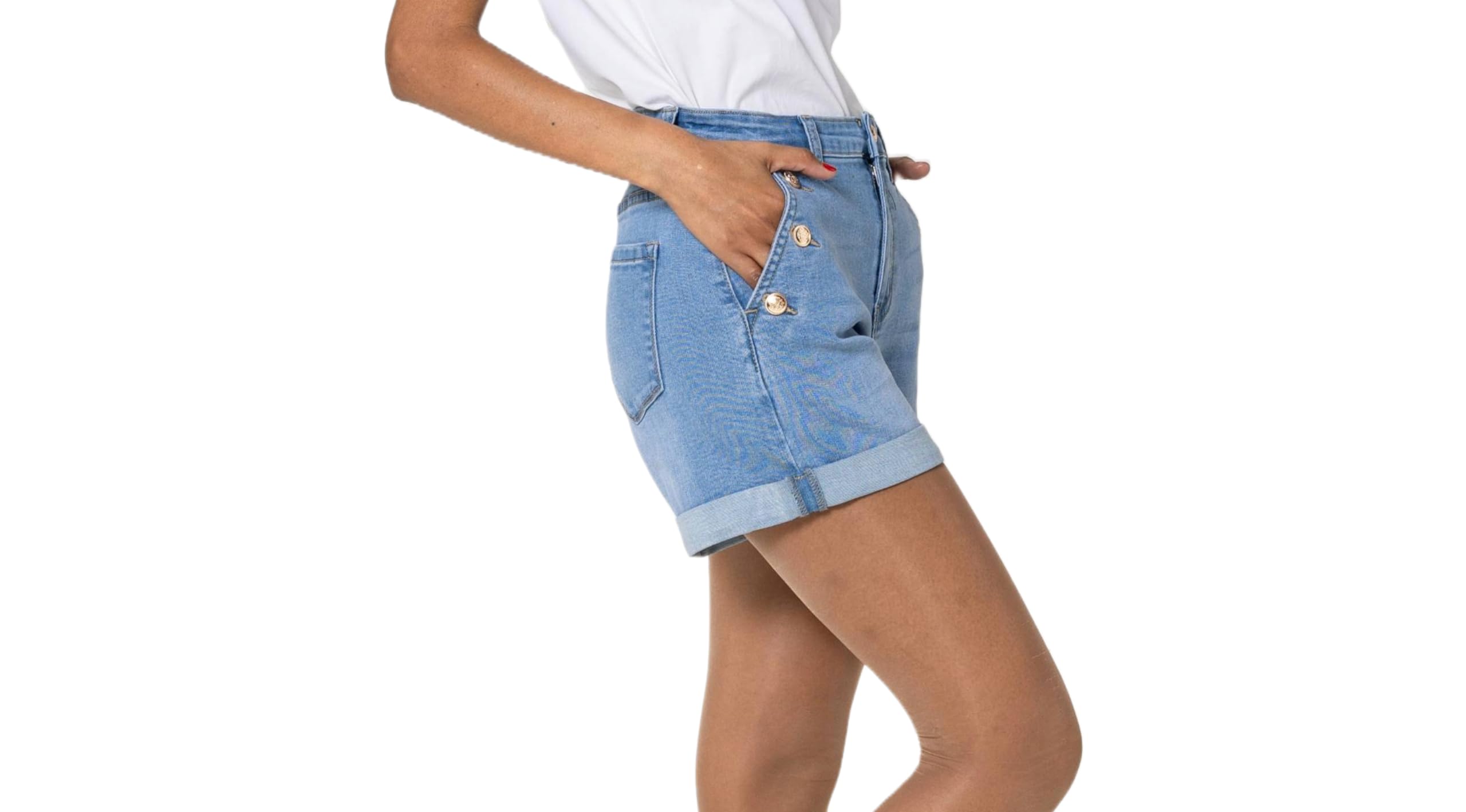 Nina Carter Pantaloncini da donna a vita alta, in jeans, look usato, eleganti pantaloncini estivi in denim