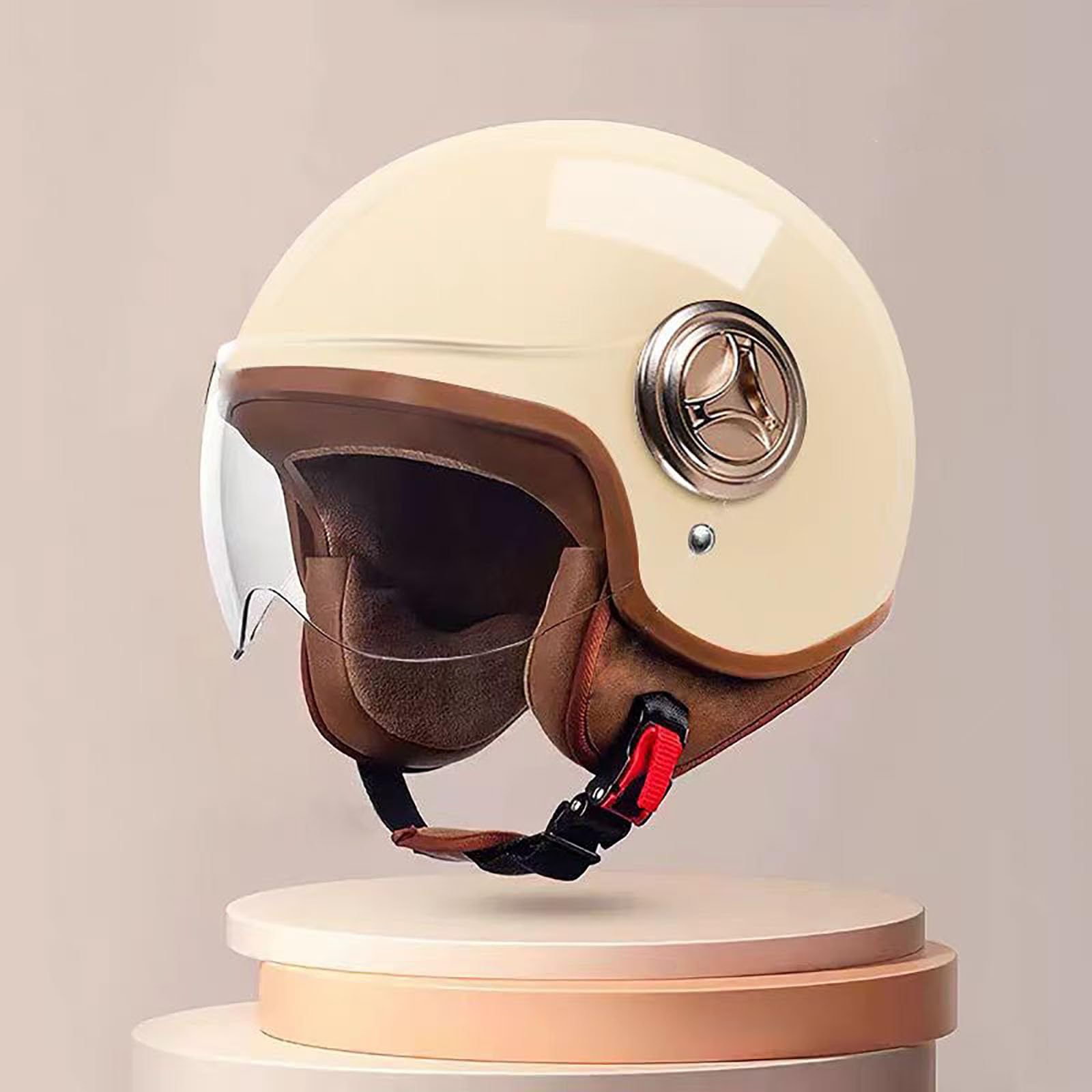 Casco Jet con Visera Solar, Casco de Moto para Hombre y Mujer, Casco de Scooter, Casco Ciclomotor, Chopper,Moto, Casco Abierto, Casco Piloto,Certificado ECE BeigeA