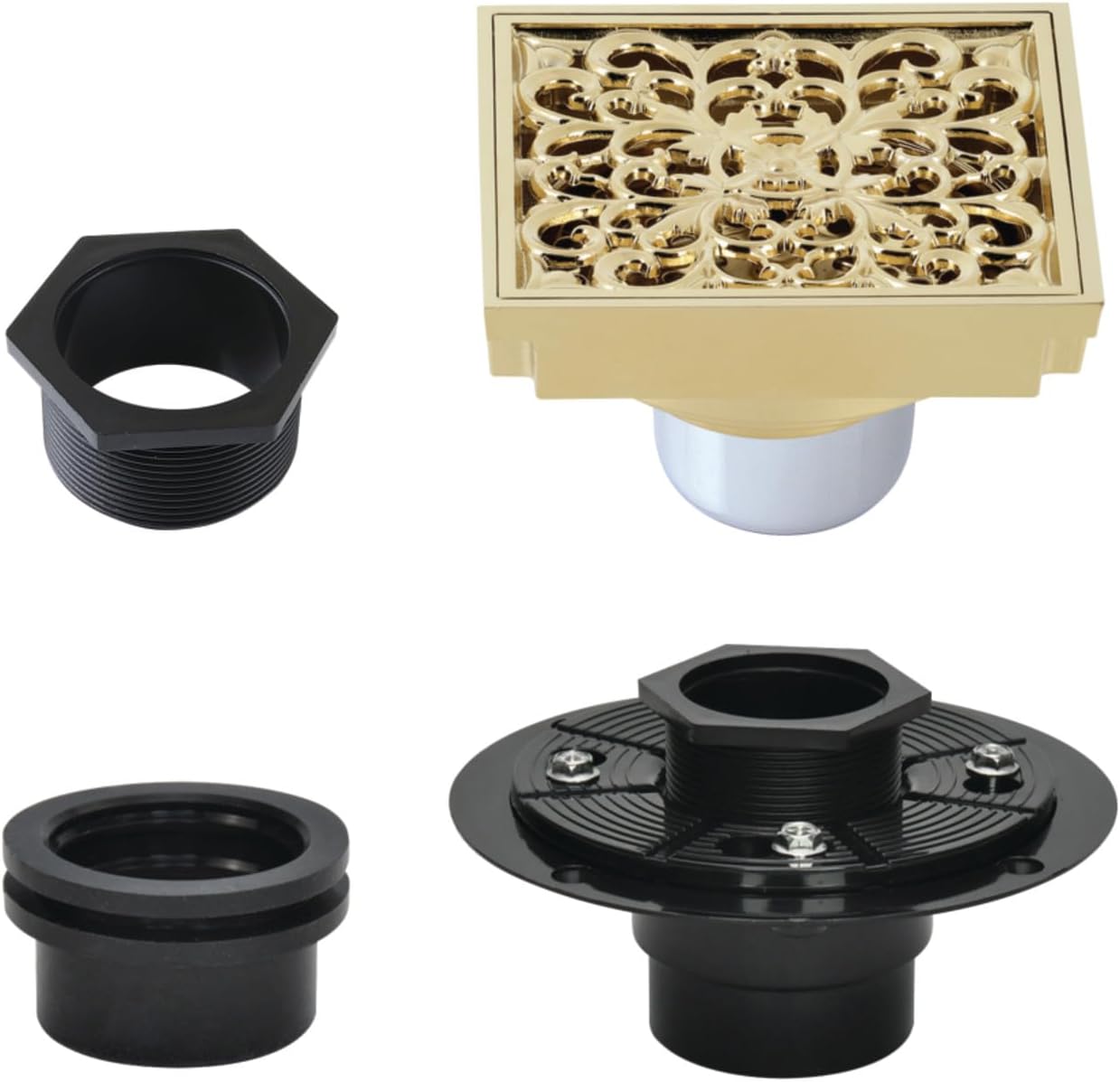 4" Brass Square Grid Shower Drain with Hair Strainer and Base Flange, Polished Brass