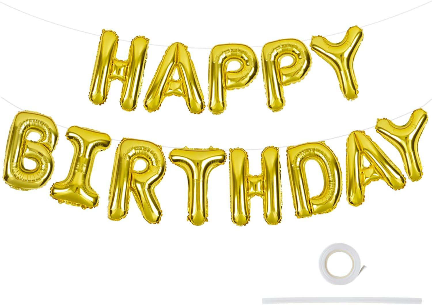 Gold Happy Birthday Balloons Banner with Ribbon Straw, 16 Inch Mylar Foil Letters Birthday Bunting Sign Banner Balloon Reusable for Birthday Party Supplies