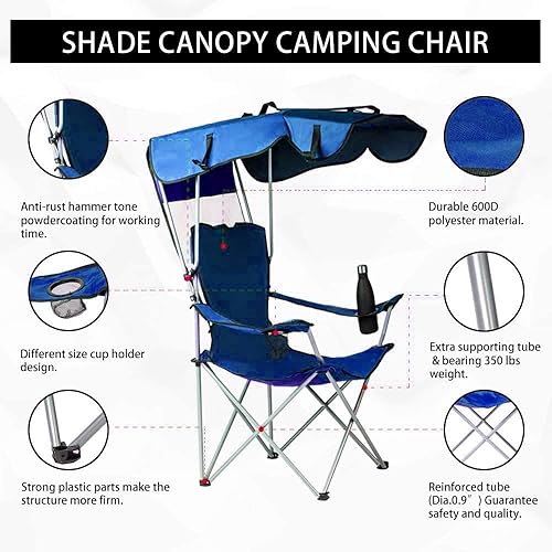 Miniatura 4 de PLKO Sillas de camping con toldo, silla de césped portátil cuádruple para adultos, silla reclinable plegable con portavasos para eventos al aire