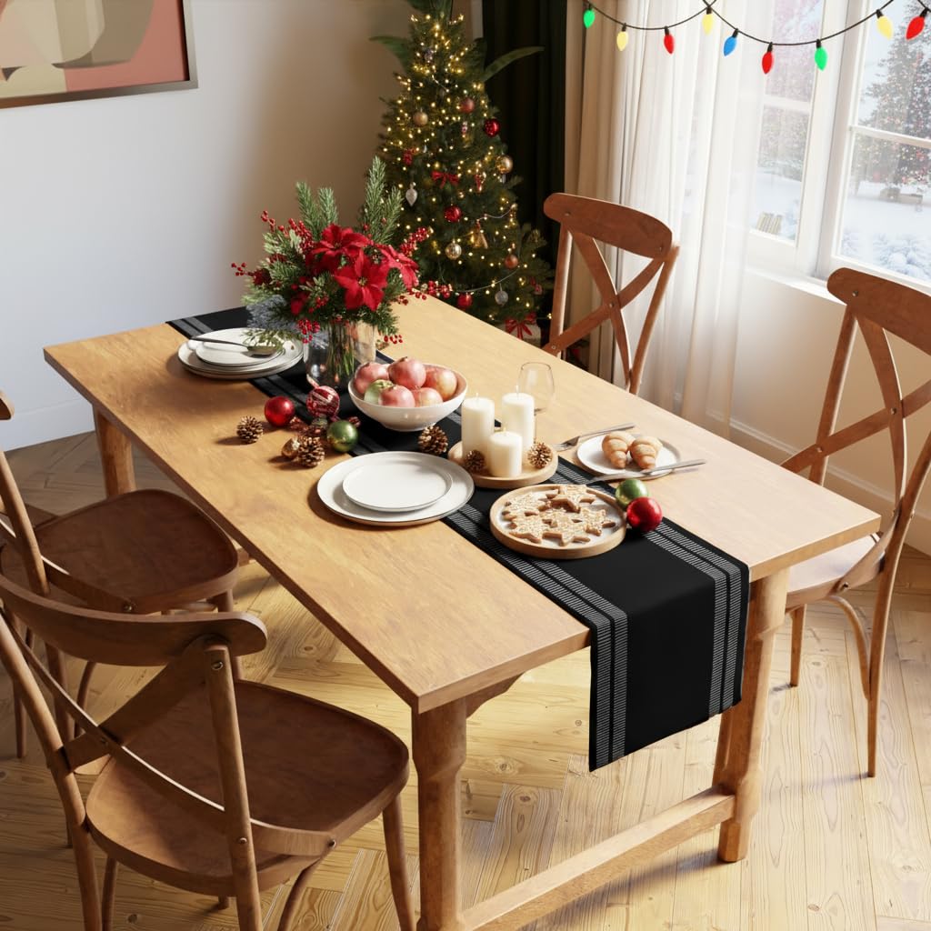 Encasa XO Dining Table Runner for 4 to 6 Seater| Yarn Dyed Fine Ribbed Cotton | Size 32x240 cm | Ladder Black | Machine Washable