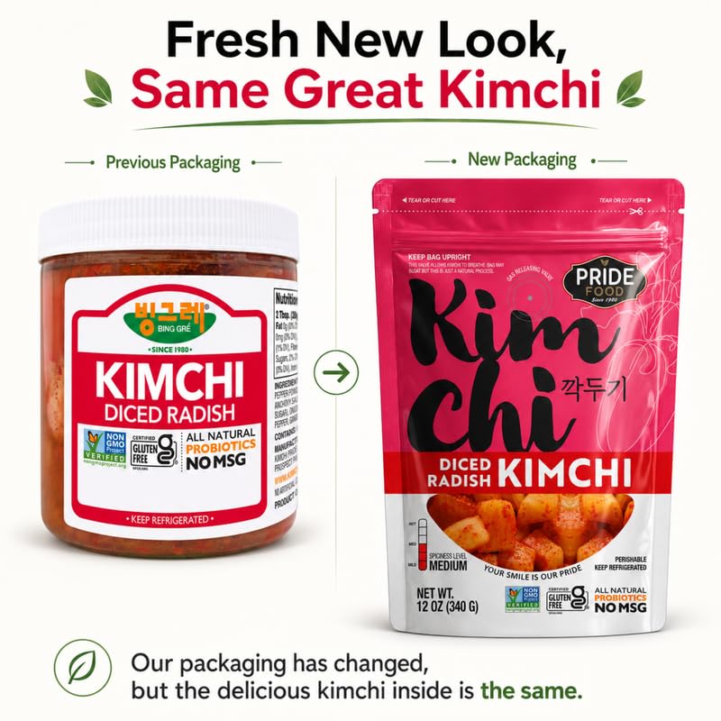 Image of BINGGRE DICED RADISH KIMCHI 12OZ FRESH KOREAN KIMCHEE IN KIM CHI kimichi 김치 MOTHER MILD CHEE TEMPEH DAIKON PICKLES WHITE RADISH TWINS JONGGA RAMEN ORGANIC VEGAN NAPPA LAWS MAMA