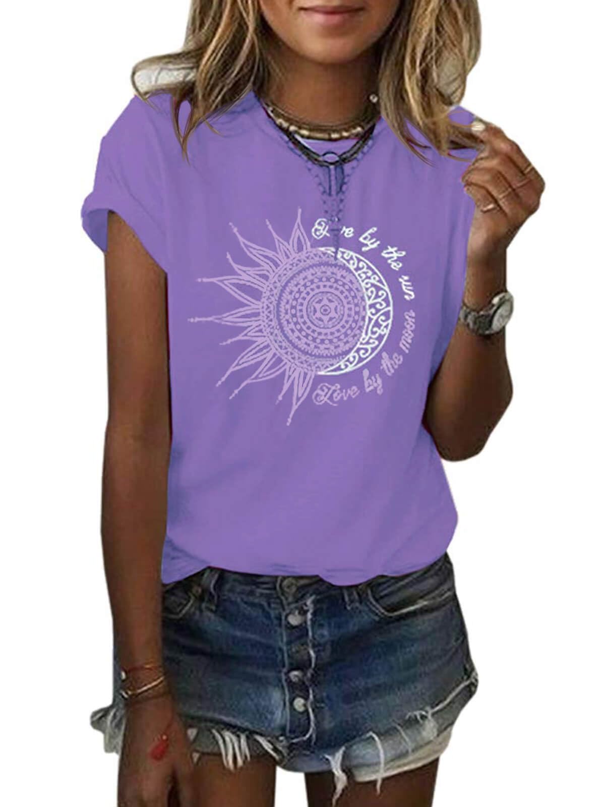 MaQiYa Womens Graphic Tees Summer Vintage Short Sleeve Cotton Moon and Sun Printed T Shirts Tops