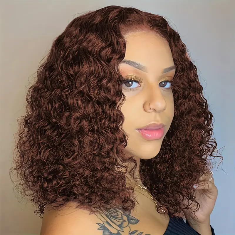 Abhayy 10 Inch Chocolate Brown Bob Wig Human Hair 13x4 Deep Curly Wig 200% Density HD Lace Front Wigs Human Hair For Women Pre Plucked Wet and Wavy