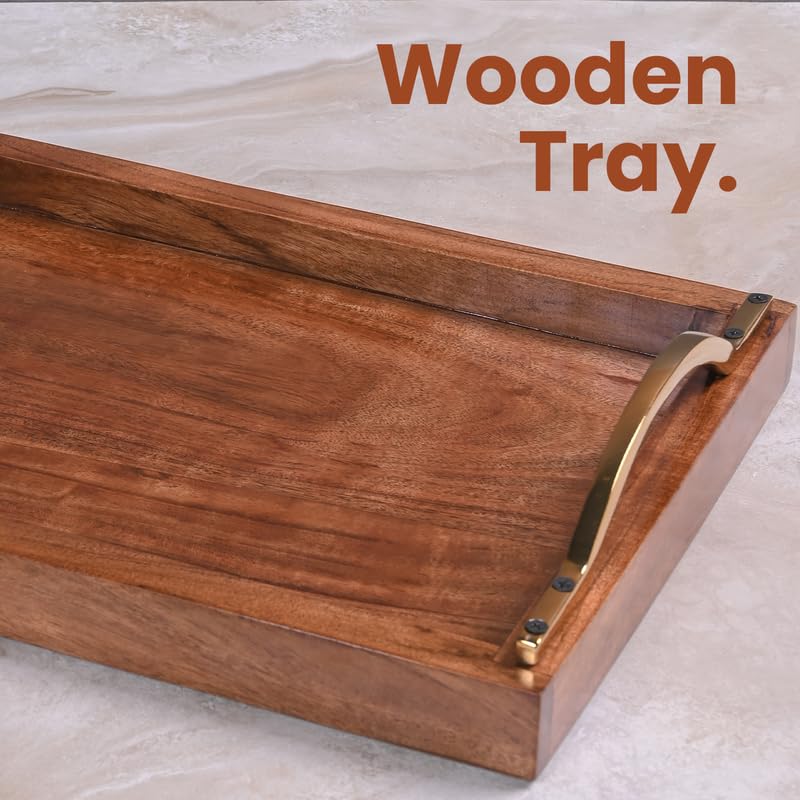 Image of Wooden Serving Tray with Stylish Handles - 15 Inch Rectangular Wooden Tray for Coffee Table, Kitchen, Breakfast & Home Decor | Multipurpose Organizer & Gift (Brass Finished Metal Handle)