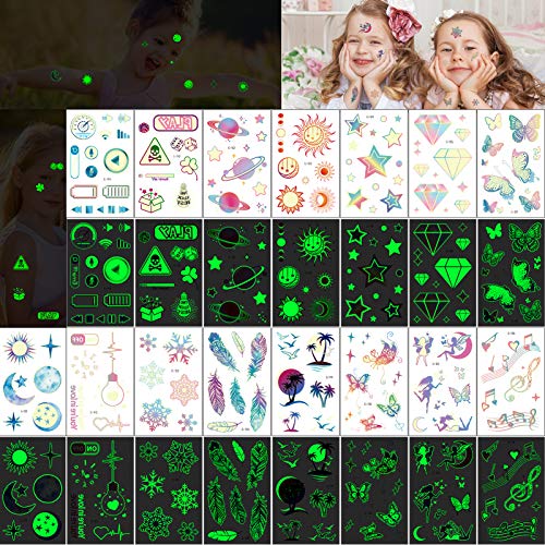 110+PCS Temporary Tattoos for Kids, Konsait Glow In The Dark Mixed Style Tattoo, Luminous Butterfly Skull Stars Moon Love Space Fake Tattoo for Boys Girls,Birthday Halloween Party Favor Supplies