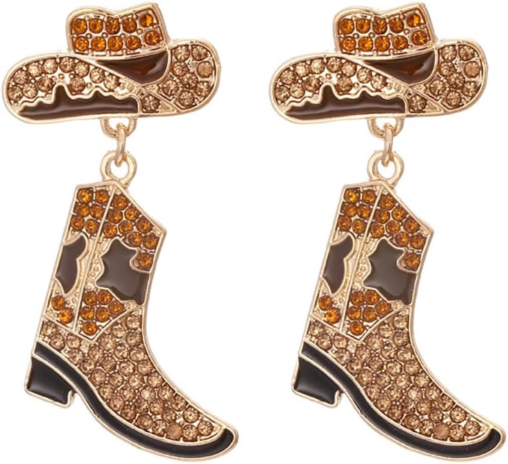 Colorful Rhinestone Western Boots Dangle Drop Earrings for Women Boho Cowgirl Cowboy Enamel Hat Boot Earrings Country Concert Party Outfits
