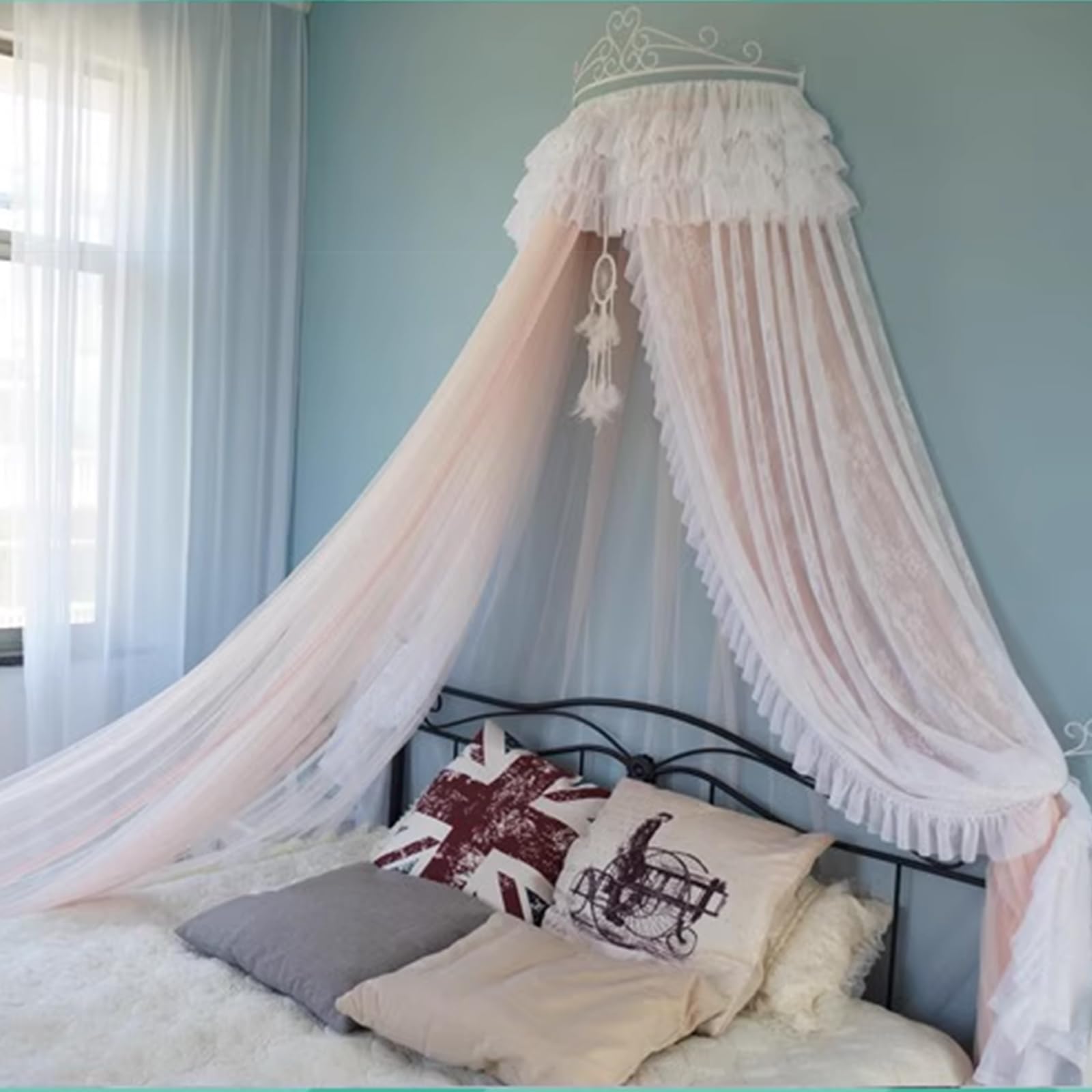 GJMSSMY Lace Bed Canopy, Wall Metal Crown Princess Bed Curtain Court Mosquito Net with Decorative Drapery, Double Layer Netting Reading Nook Canopies for Bedroom
