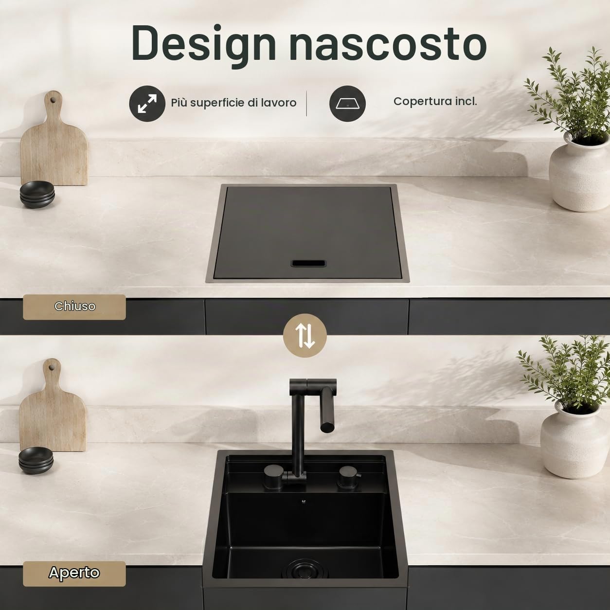 Lavello da Cucina in Acciaio Inossidabile 43x39 cm,Lavello A Scomparsa per Camper con Coperchio,Lavello Cucina 1 Vasca, Lavandino Cucina con con Sifone, Rubinetto Pieghevoli
