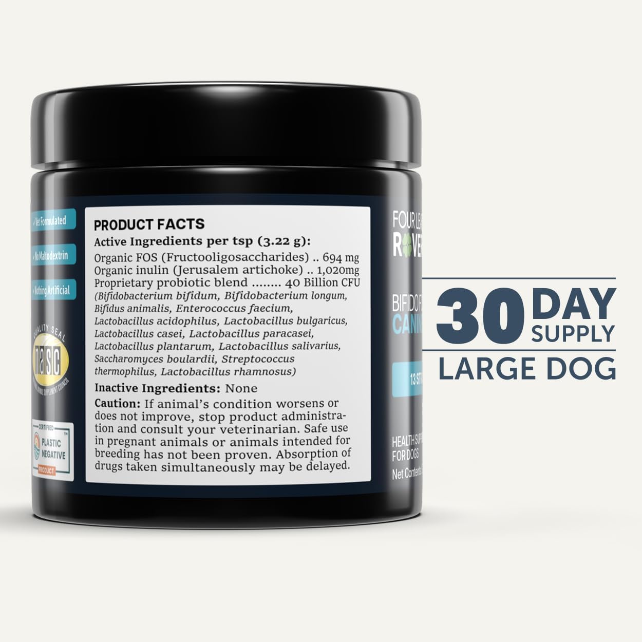 Four Leaf Rover Bifido for Fido - Dog Probiotics for Digestive Health and Gut Health and Immune Balance - 50 Billion CFU - Veterinarian Formulated - 30 Day Large Dog Supply