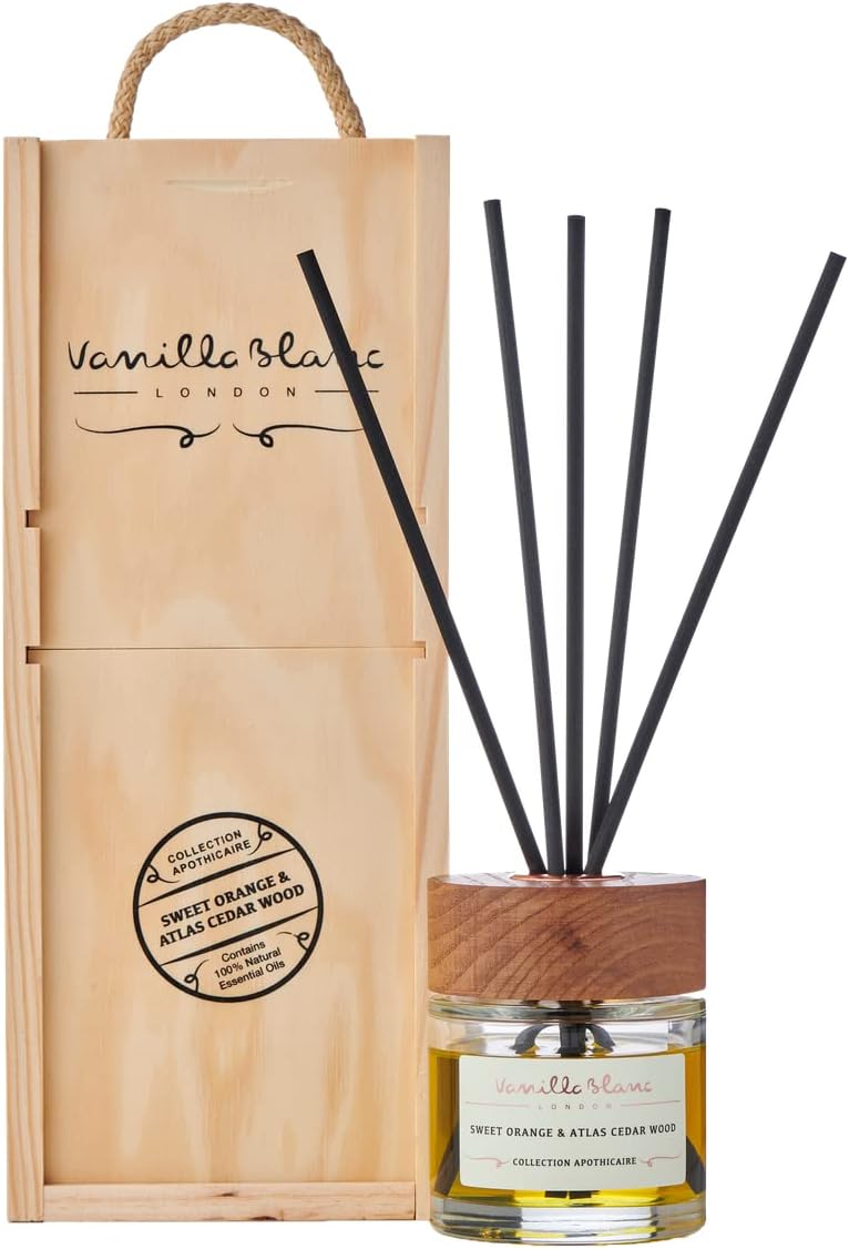 Vanilla Blanc Natural Reed Diffuser, Home Fragrance, Encased in a Signature Hand Crafted Wooden Gift Box (Sweet Orange & Atlas Cedar Wood)