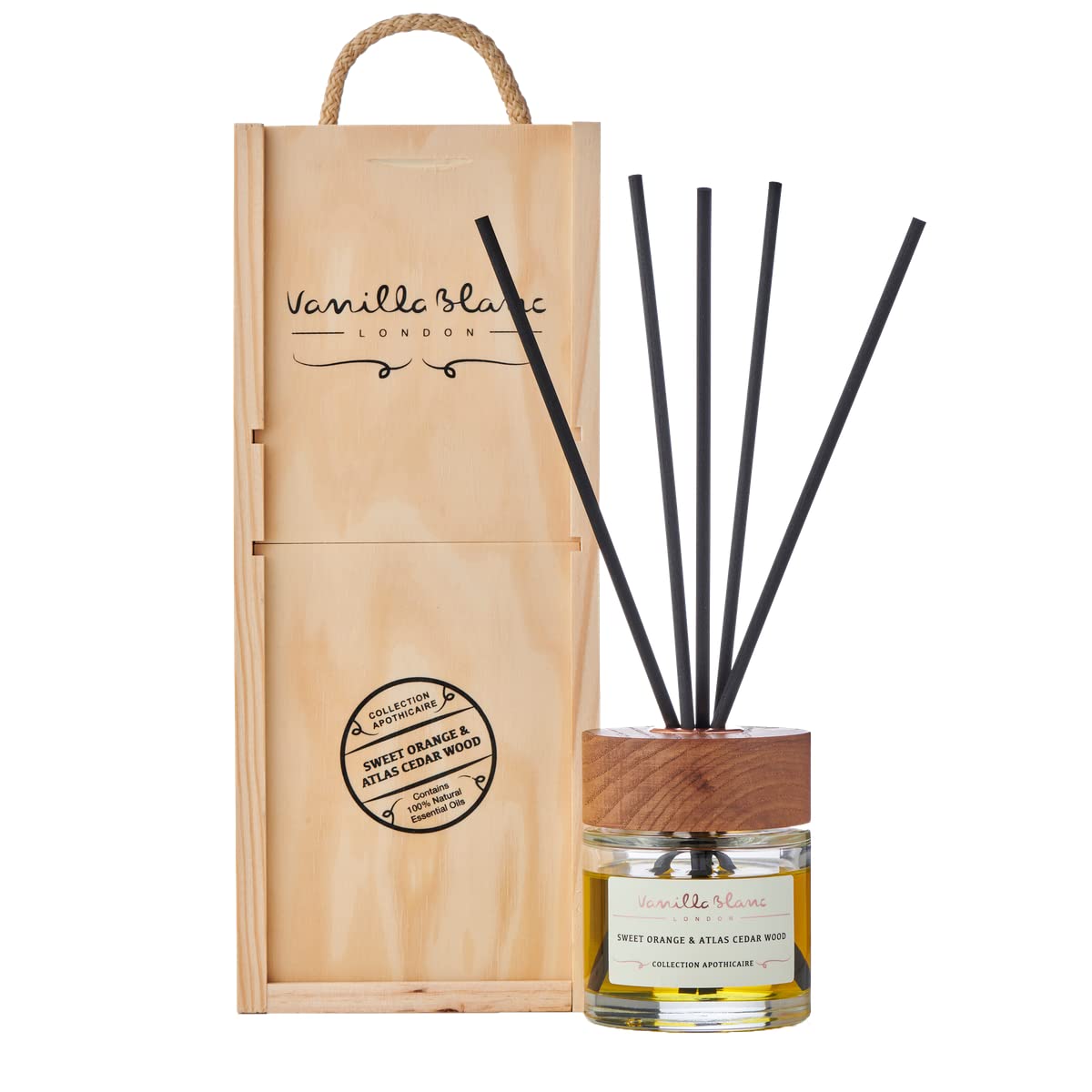 Vanilla Blanc Natural Reed Diffuser, Home Fragrance, Encased in a Signature Hand Crafted Wooden Gift Box (Sweet Orange & Atlas Cedar Wood)