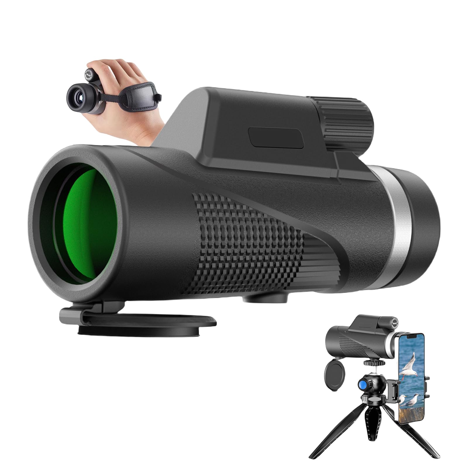10x42 HD Monocular Telescope for Adults - Waterproof, Anti Fall, Durable Rubber Armor Monocular, Portable Metal Ring Monoculars with Large Tripod & Adapter - for Concert,Bird Watching,Fishing,Hiking