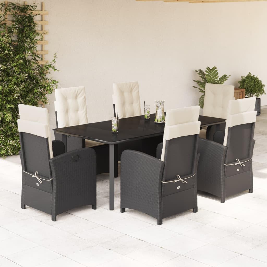 Juego de mesa y 6 sillas de jardín con cojines de polirratán negro de 7 piezas
