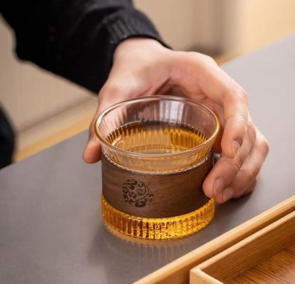 4-Piece 5-Oz Glass Coffee Cups with Wood Rings - for Sake & Coffee - Transparent, Lightweight Accessories (gray)