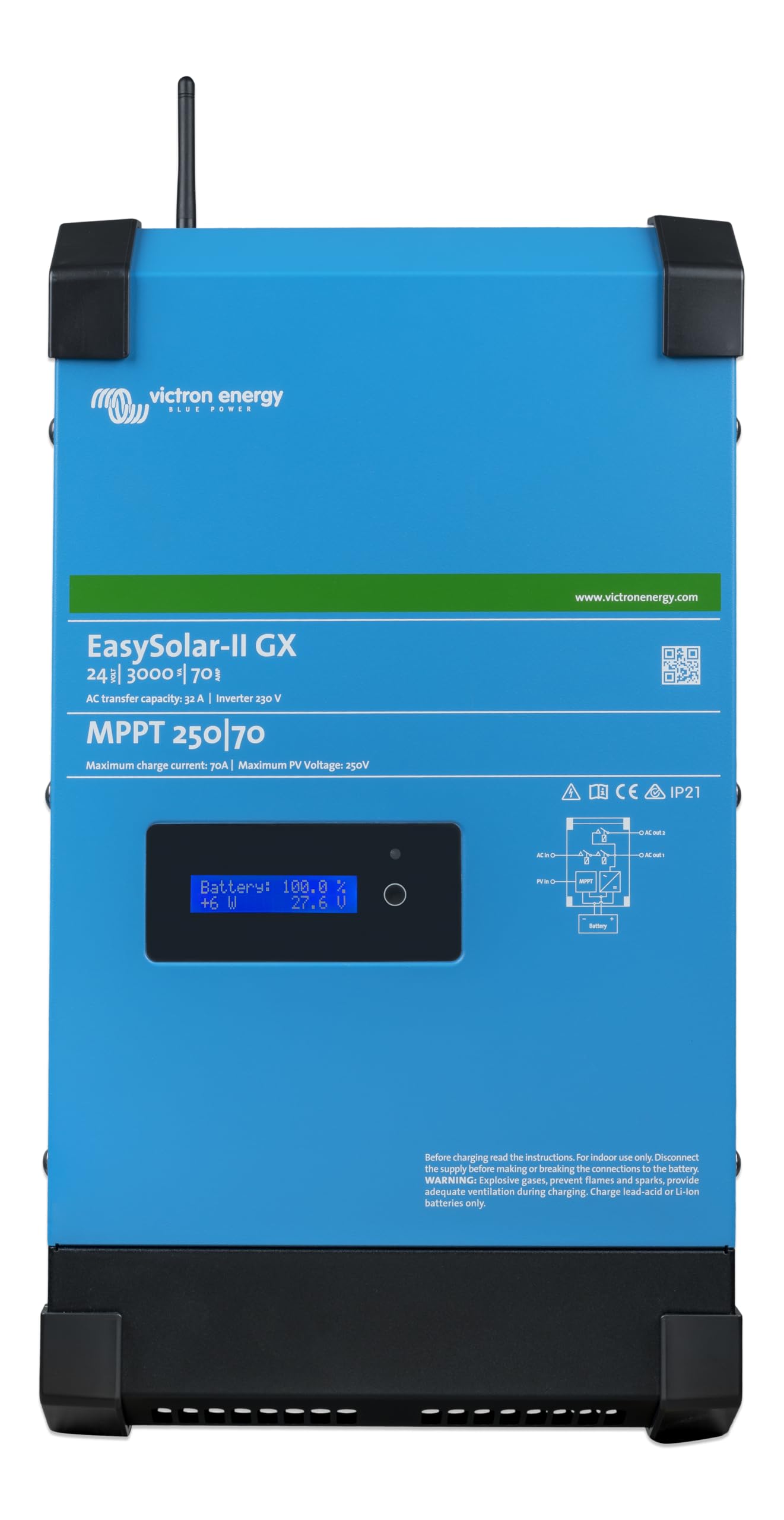 Victron Energy Inversor EasySolar-II GX 3000VA 24-Voltios 230V Cargador de Batería 70 amperios y Controlador de Carga Solar MPPT 250V 70 amperios