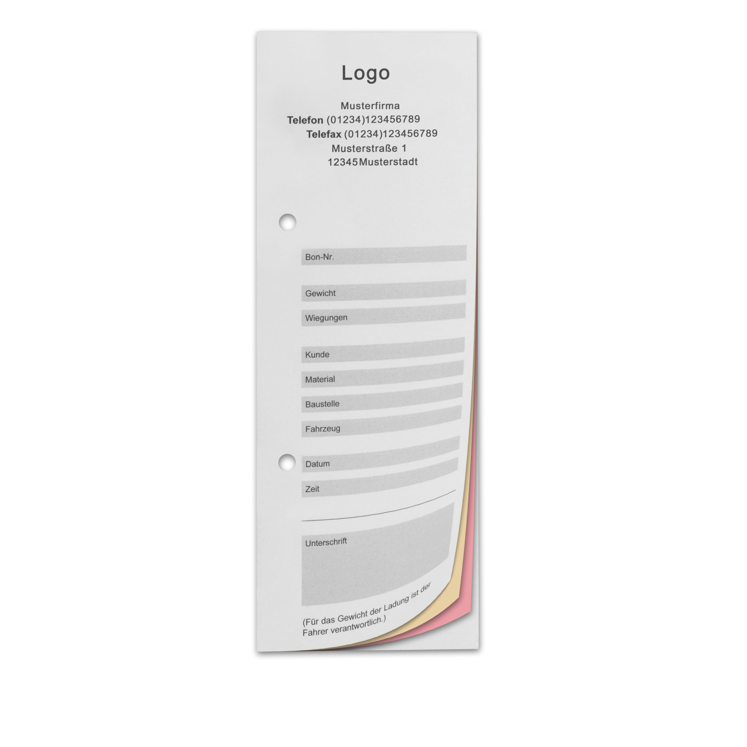 Wiegekarten, 75 x 210 mm, Hochformat, mit Lochung, 3-fach, für Plattformwaagen, mit Firmenaufdruck
