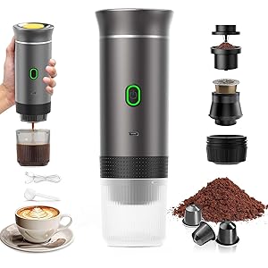 Cafetera Portatil, Cafetera Portátil Cápsula de Espresso 3 en 1, Autocalentamiento de 2a6 Minutos, Para Cápsulas Pequeñas o Grandes y Café Molido,Cafetera Portátil para Oficina y Hogar (Gris)