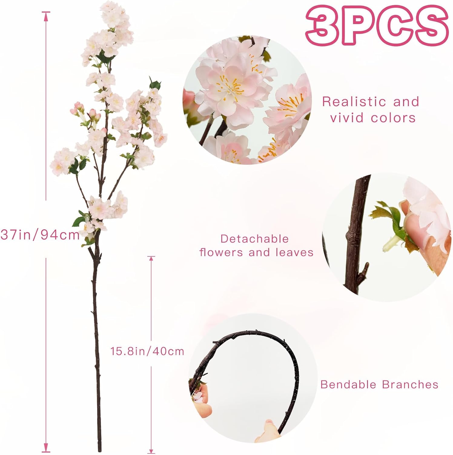 Senjie Artificial Cherry Blossom Branches, Fake Flowers Bouquet with Real Touch Long Stems, Faux Silk Flowers for Vases Wedding Party Table Centerpieces Spring Home Decor (3PCS, Vase Not Included)