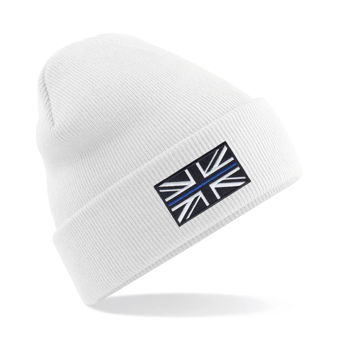 Police Thin Blue Line Union Jack Premium Embroidered Beanie Hat, Bob Hat Police Emergency Services (White)