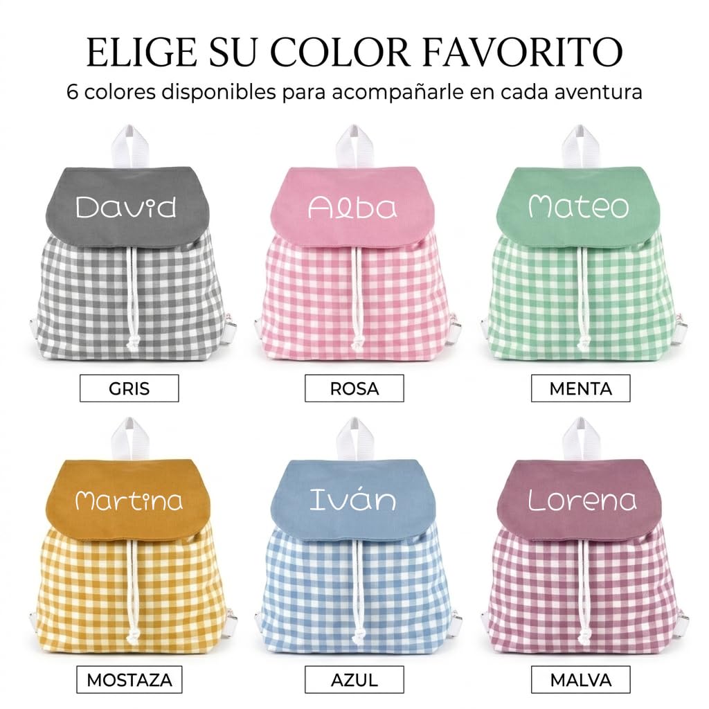 Mochila Infantil Personalizada con Nombre | Mochila Bebé para Guardería y Colegio | Mochila Vichy de Algodón con Solapa y Cordón Ajustable | Hecha en España