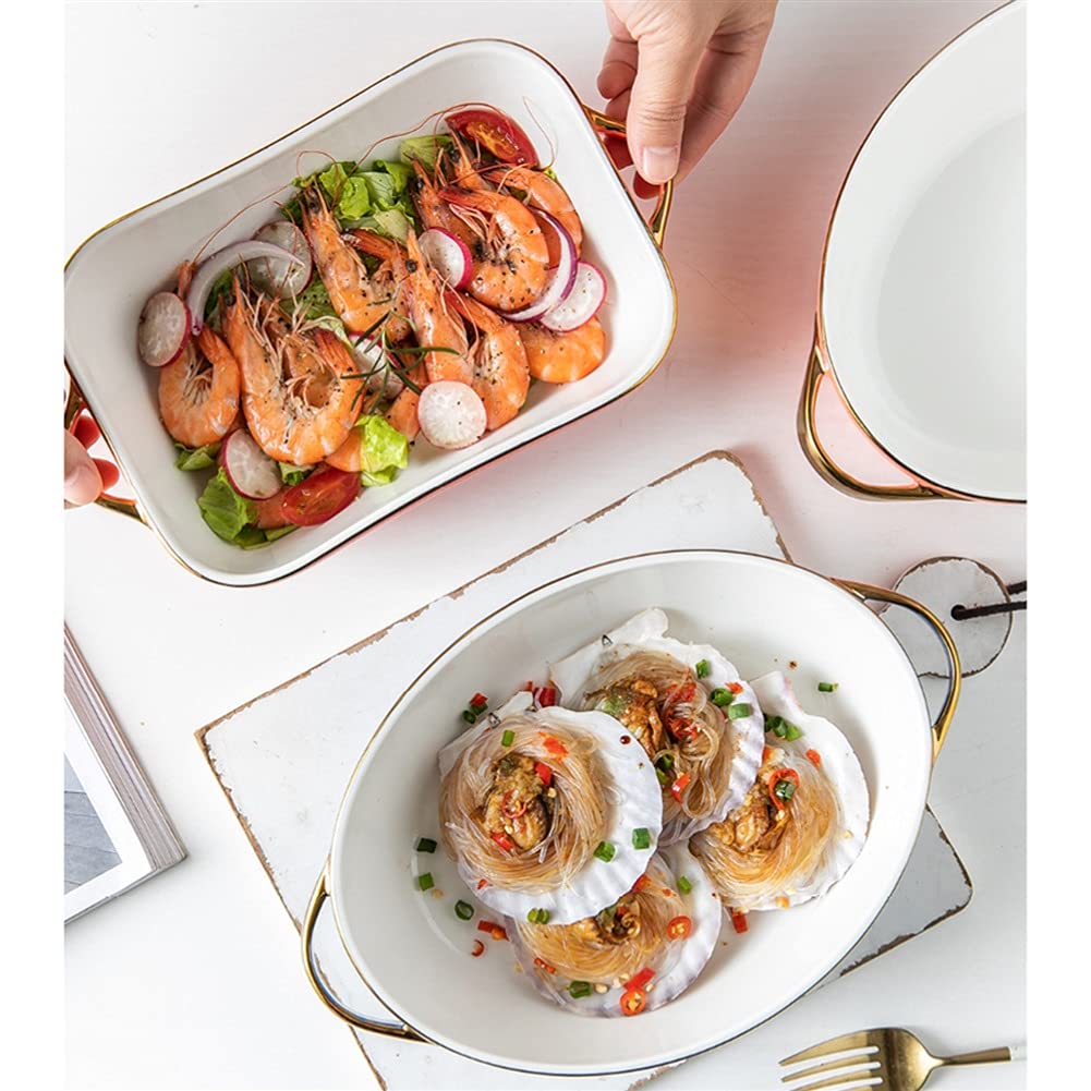 Fuente para Hornear Conjunto de 2 platos for hornear de cerámica Cena redonda de platos, cacerola de asado seguro de horno con asas de plato óvalo, alimentación que sirve las bandejas de la cena Bande